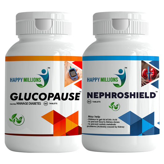 HappyMillions NephroShield & GlucoPause Combo | Kidney Detox & Blood Sugar Support | 60 + 60 Tablets